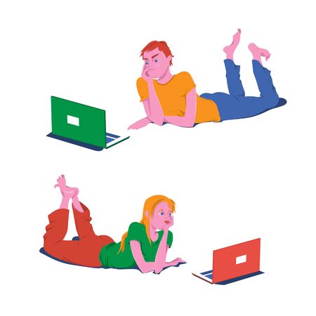 A young couple communicates remotely online on the Internet. A guy and a girl miss each other in quarantine.のイラスト素材