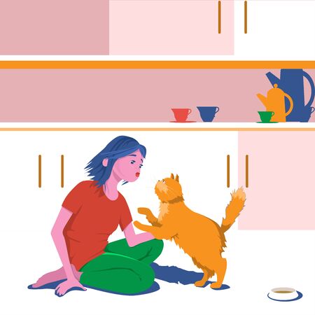 Girl hugs domestic cat at home in the kitchen. Cute cartoon character flat design vector illustration.のイラスト素材
