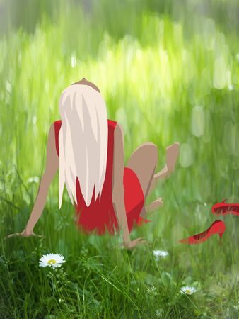 A girl in a red dress enjoys a sunny summer day sitting on the green grass with chamomile flowers on the lawn dropping his high heel shoes. Hand-drawn on a photographの写真素材