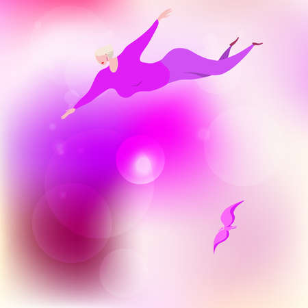 Freedom and liberation. Young attractive girl cartoon character flies in a dream. Blurred background illustration vectorのイラスト素材