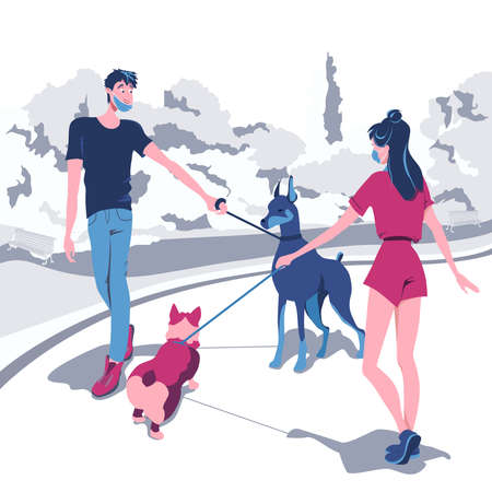 Young people meet and get acquainted with their pets while walking in the park. Walking masked people to protect themselves from the COVID-19 virus outdoors, cartoon character in flat design vectorのイラスト素材