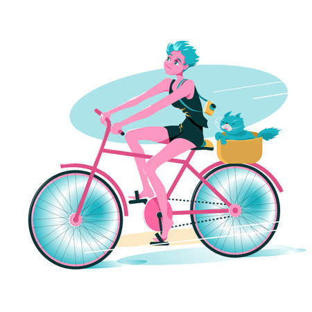 Young pretty Girl ride on bicycle with your pet cat in basket. Cartoon character Vector illustrationのイラスト素材