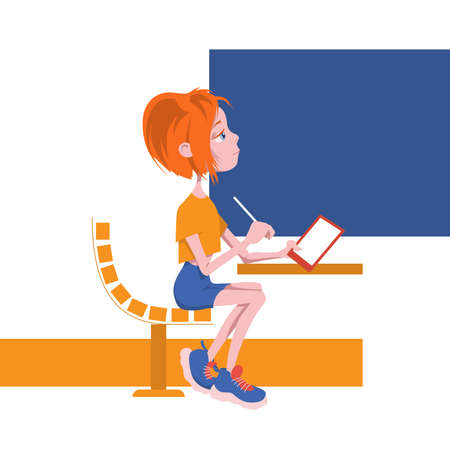 Cute cartoon character girl at her desk at school, institute, office, home. Online, offline education. Vector illustrationのイラスト素材