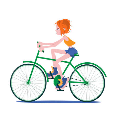 Cute cartoon character girl rides a bike. Illustration vector isolated on white background.のイラスト素材
