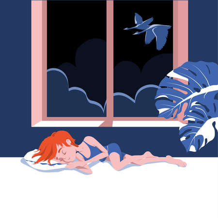 A cute red-haired girl sleeps in a bed by the window. Sweet dream cartoon character vector illustrationのイラスト素材