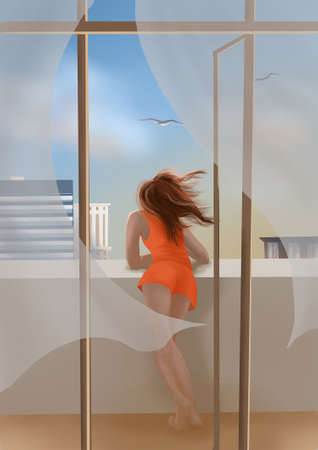 Young attractive woman on the balcony looks relaxed under the light sea breeze. Seagulls in the blue sky fly over the rooftops. Freedom and happiness conceptの写真素材