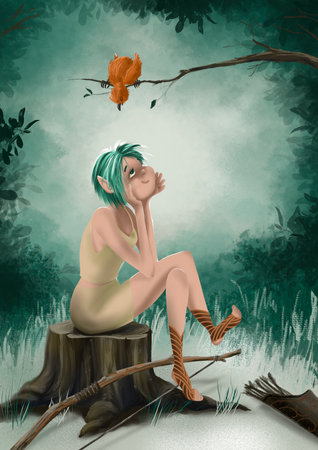 Fairytale character forest elf young cute girl sits on a stump in a clearing in the forest and enjoys relaxing in a magical forest. A bright bird on a branch examines the elven weapons. Postcard, posterの写真素材