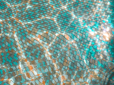 Tiles at the bottom of the pool. Transparent water distorts the multicolored geometric pattern. Sun...