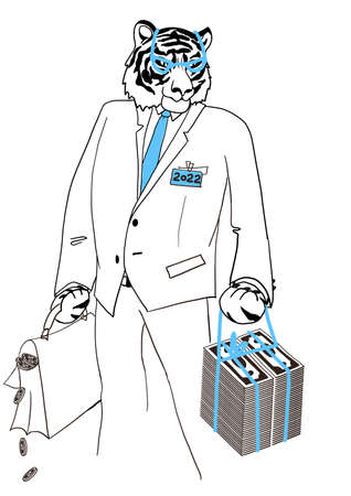 Serious tiger rich businessman brought money. The symbol of 2022. Linear drawing on a white background. New year greeting card wishの写真素材
