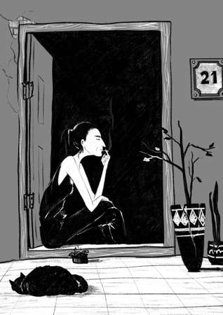 Reaper smokes sitting on the porch of an old house. The cat sleeps on the paving slabs. Sunny day. Siestaの写真素材