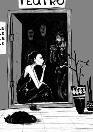Small theater. The actors smoke, drink coffee. Black and white illustration lifestyle conceptの写真素材