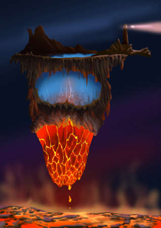 Flying island with a lighthouse above the sea of boiling lava. Landmark after disaster concept. Bright illustration posterの写真素材