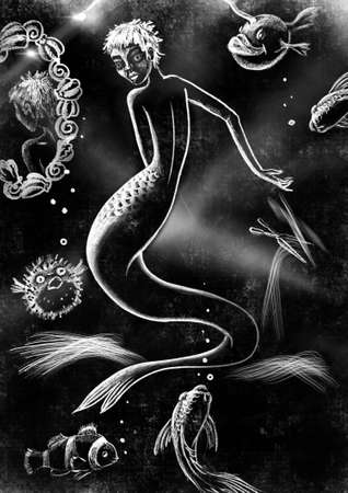 A cute cartoon character of a fairy-tale mermaid depicts her hair in front of a mirror made of shells, fish watch and help. Poster conceptの写真素材