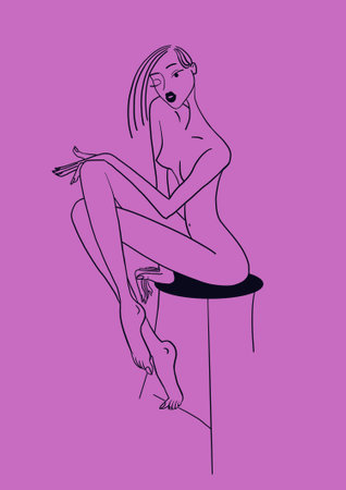 Young beautiful girl model sitting on a bar stool. Nude slim body. Hand drawn posterの写真素材