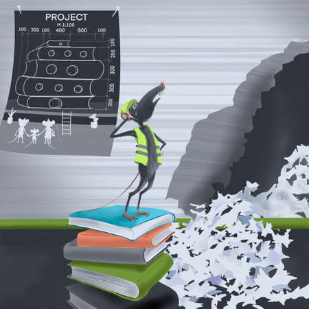 Professional builder in uniform in construction. The rat in the library gnaws a hole in the book. Detailed construction plan. Funny cartoon character. Hand drawn fun. Construction business conceptの写真素材