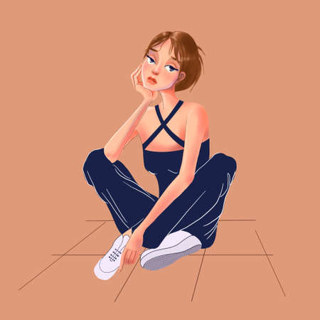 Young bored woman sitting alone on the floor. Cartoon character hand drawn. Loneliness conceptの写真素材