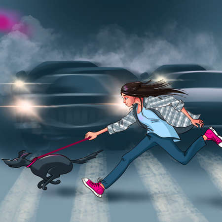 Cute girl cartoon character with a dog on a leash runs across the road at a red light. Cars at the intersection shine their headlights in anticipationの写真素材