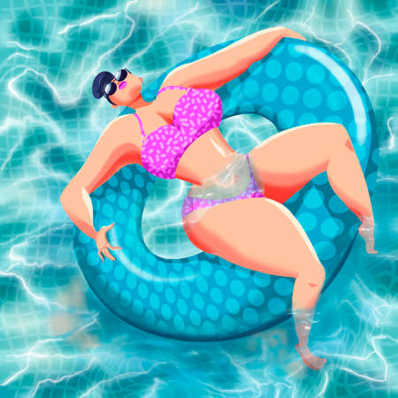A girl on an inflatable ring in a bright bikini swims in the pool at the resort. Cute cartoon character having fun. travel illustration conceptの写真素材