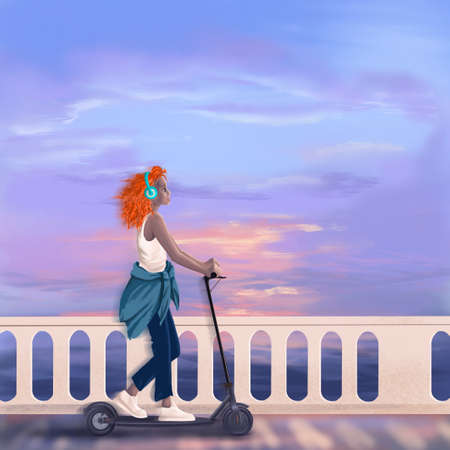 A red-haired cute girl in turquoise headphones rides an electric scooter along the sea promenade. Travel leisure concept. Cartoon character illustrationの写真素材