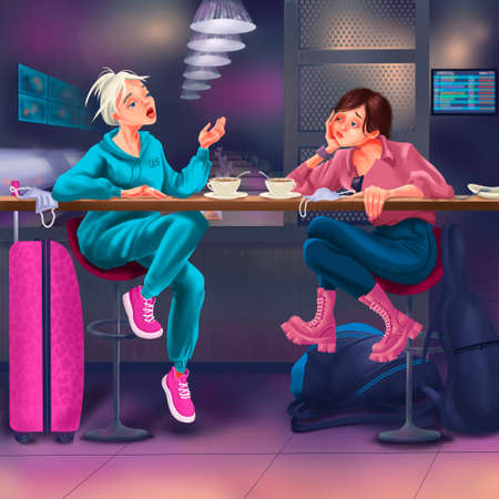 Girls of a friend are sitting at the bar in an airport cafe waiting for a flight. Departure delay. cartoon character tourist. travel illustrationの写真素材