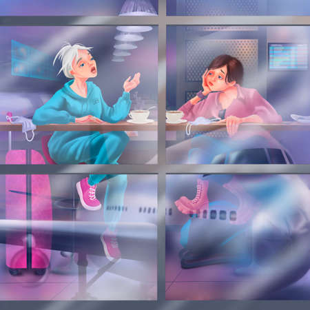 Girlsfriends are sitting at the bar in an airport cafe waiting for a flight. Departure delay. cartoon character tourist. Travel illustration. The plane outside the window is reflected on the surfaceの写真素材