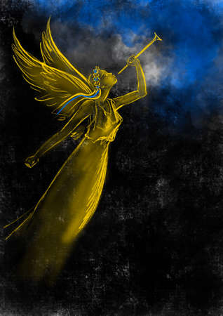 A trumpeting angel with Ukrainian symbols calls for help. The concept of war in Ukraine. The colors of the Ukrainian flag, gloomy sky, blue skylight as a symbol of liberationの写真素材