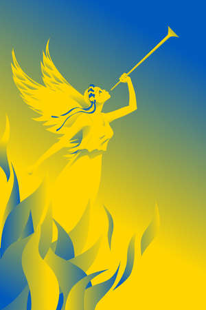 A trumpeting angel with Ukrainian symbols calls for help. The concept of war in Ukraine. The colors of the Ukrainian flag, gloomy sky, blue skylight as a symbol of liberation. vector illustrationのイラスト素材