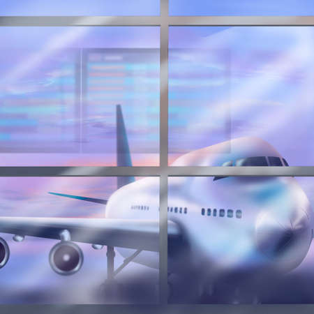 Airplane outside the terminal window at the airport. The board with the cancellation of flights is reflected in the glass. Travel problems concept. hand drawn illustrationの写真素材