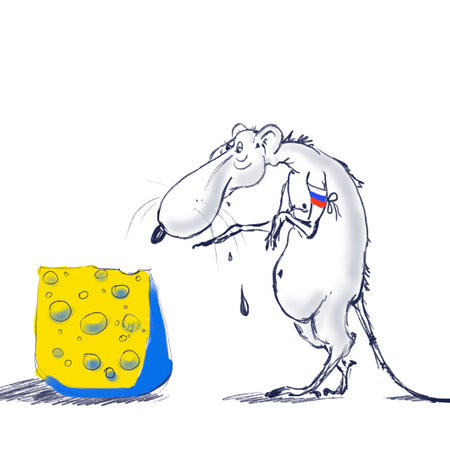 Perfidious attack on Ukraine concept, cartoon. A rat intending to eat to steal cheese. Illustration in the colors of the Ukrainian flagの写真素材
