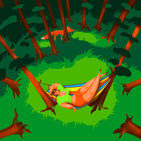 Young girl cartoon character resting in a hammock on a forest lawn. The fox peeks out from behind a tree. The concept of carefree leisure.の写真素材