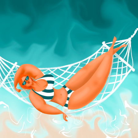 Young attractive woman cartoon character in bikini sunbathing in a hammock on the seashore against the background of turquoise water top view. travel illustration conceptの写真素材