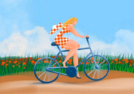 A young woman rides a bicycle along a flowering poppy field along a country road against a blue sky with white fluffy clouds. Travel illustration.の写真素材