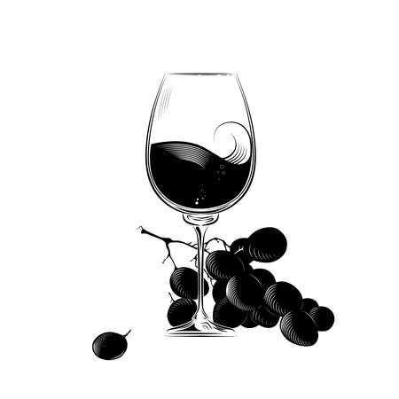 A glass of wine and a bunch of grapes in the style of an engraving. Vector illustration black and whiteのイラスト素材