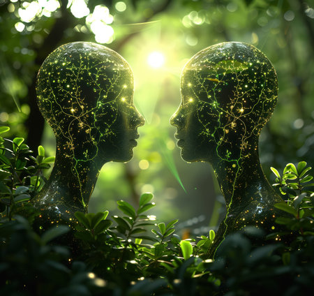 This image symbolizes Earth Day and Forest Protection, depicting two glowing, interconnected human-like figures surrounded by lush greenery, radiant sunlight, and vibrant energy, emphasizing harmony with nature.の素材