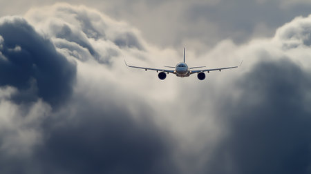 A commercial airplane flies powerfully through dramatic dark clouds, its wings outstretched against the stormy sky. The scene captures the strength, motion, and determination of air travel amidst natureâs intensityの素材