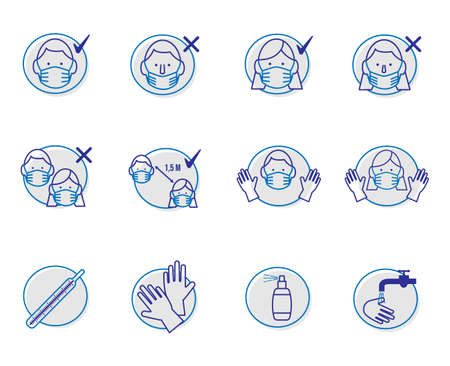 A simple set of vector linear icons associated with safety instructions during a coronavirus pandemic.のイラスト素材