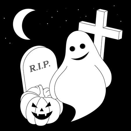 Vector illustration. A fun company of cute Halloween characters on a black background.のイラスト素材