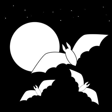 White silhouette of bats on the background of the moon and black . Vector.のイラスト素材