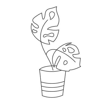 Hand-drawn flower pot with monstera leaves. The black outline of the set is isolated on a white background. Vectorのイラスト素材