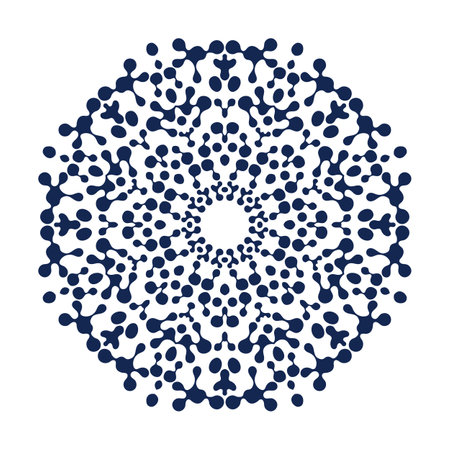 Round pattern with blue blots and drops on a white background.のイラスト素材