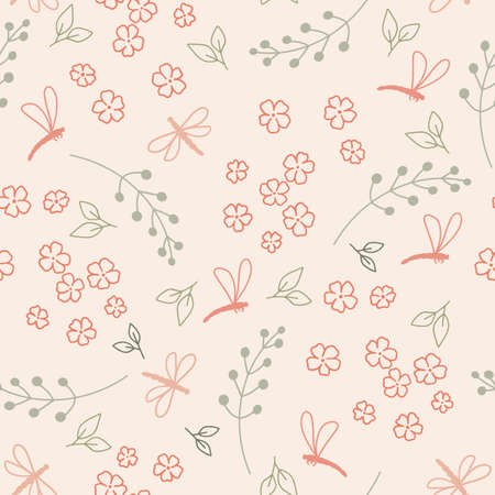 Seamless pattern with plants and dragonflies on a pink background. Abstract design. Vector illustration.のイラスト素材