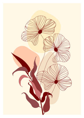 Botanical wall art vector poster. Artistic drawing of tropical leaves with abstract shapes. Plant art design for print, cover, wallpaper, postcards, invitations, minimalist and natural wall art.のイラスト素材