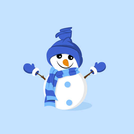Cute funny snowman in a hat and striped scarf on a blue background. Vectorのイラスト素材