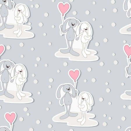 Seamless pattern with funny rabbits and hearts on a gray background. Doodle style.のイラスト素材