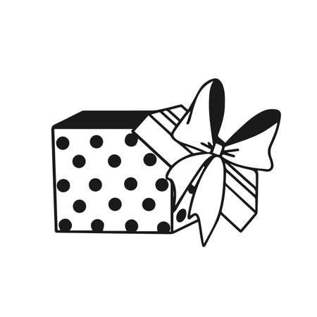 Contour drawing of an open gift box with a festive ribbon and a bow on the lid. Doodle style.のイラスト素材