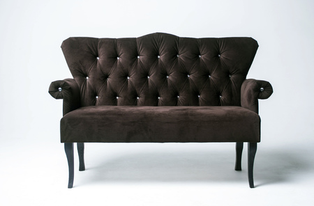Velvet classic sofa on a light background. Brown sofa with wooden legsの写真素材