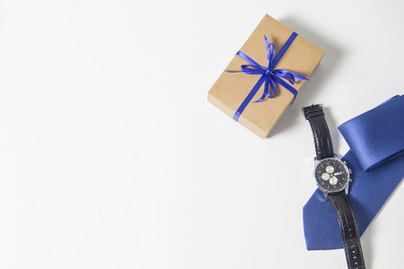Gift for men. Mens accessories on white background. Beautiful small handmade DIY gift boxの写真素材