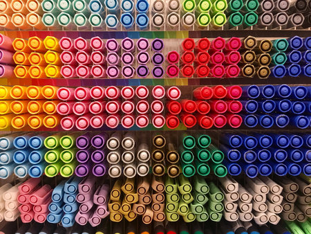 A lot of markers are on the shelf in the store. Color spectrum of markers.
