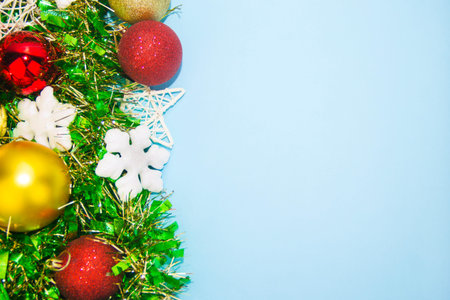 Gift and Christmas decorations on a blue background. Christmas accessories. Christmas background,...