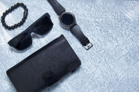 Mens collection. Mens accessories are black. Mens gadgets.の写真素材